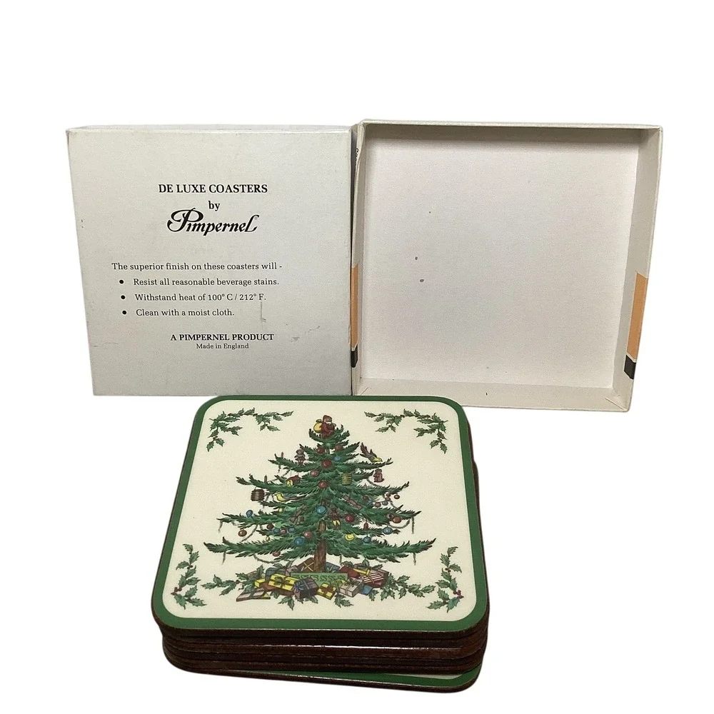 Pimpernel Spode Christmas Tree Coasters Set of 6 Cork Backed Made in England Box